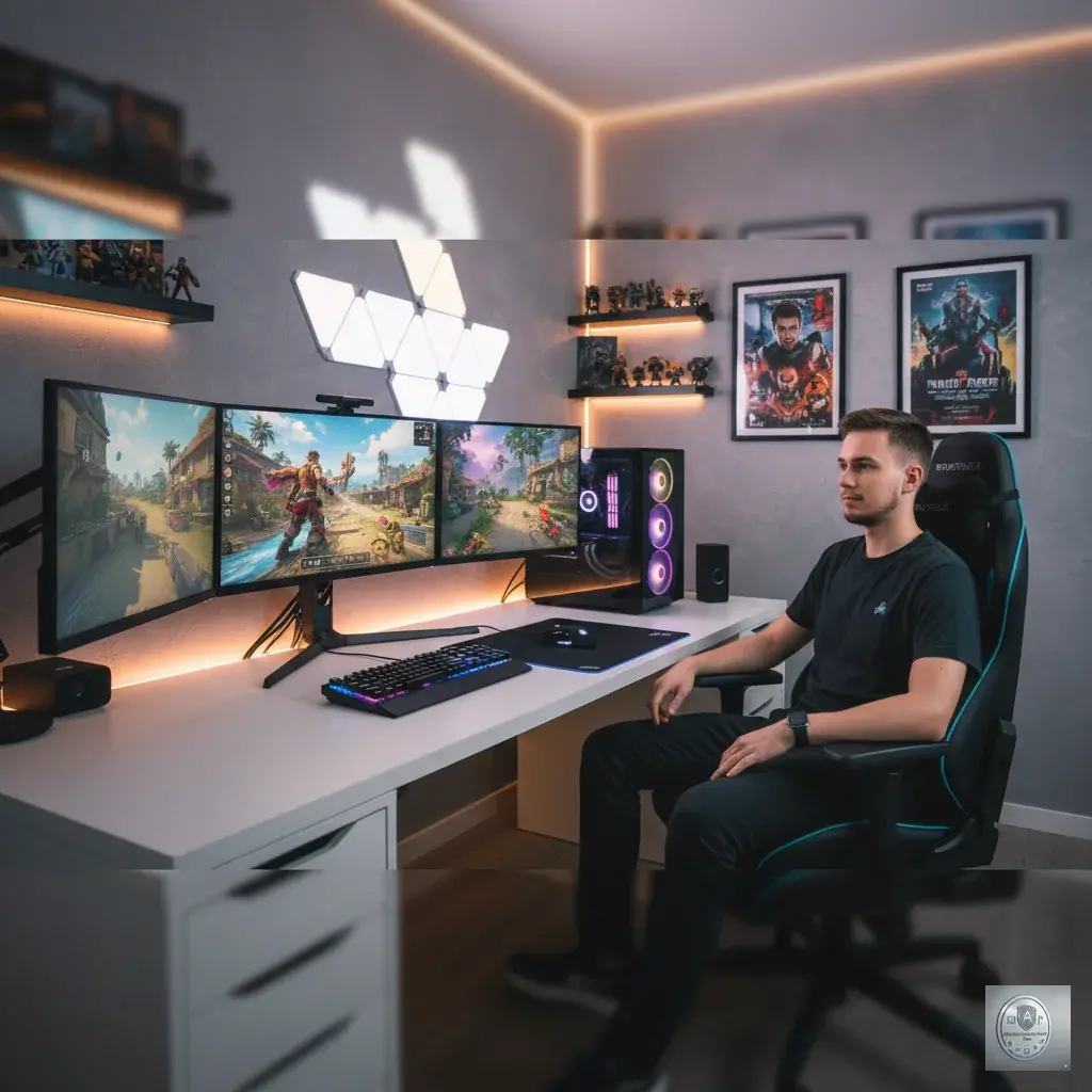 Ultimate gaming room setup Exeter - Triple monitor gaming PC with memorabilia
